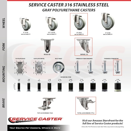 Service Caster 4 Inch 316SS Gray Polyurethane Swivel 12mm Stem Caster Total Lock Brake SCC SCC-SS316TSTTL20S414-PPUB-M1215
